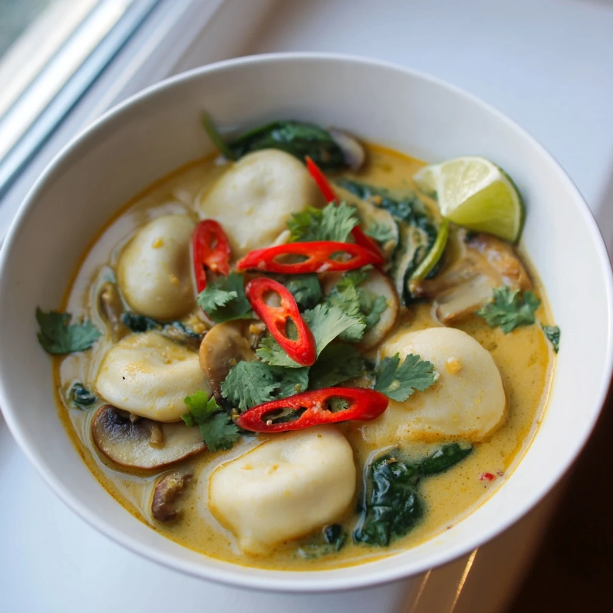 Golden coconut broth cradling plump dumplings in this Creamy Thai Dumpling Soup