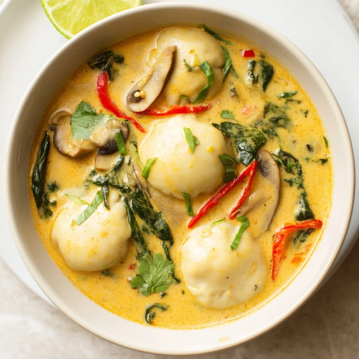 Steaming bowls of Creamy Thai Dumpling Soup with fresh cilantro and lime wedges