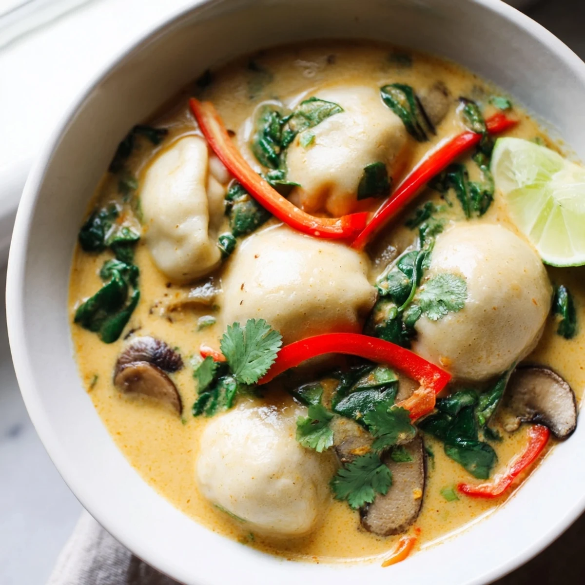 Silky Creamy Thai Dumpling Soup topped with sliced chilies and wilted baby spinach