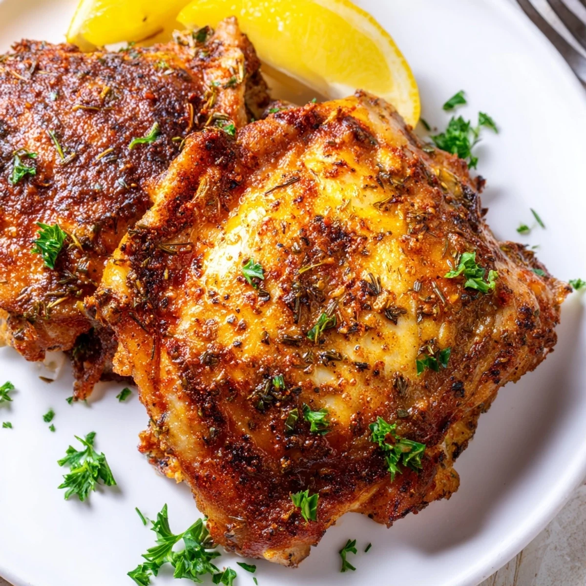 Crispy oven baked chicken thighs with golden herb-crusted skin on a parchment-lined baking sheet.