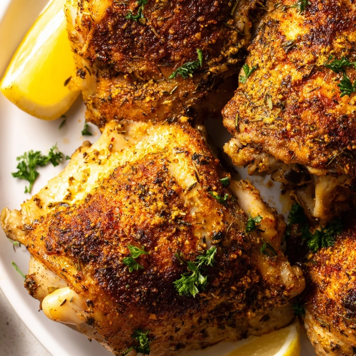 Juicy oven baked chicken thighs garnished with fresh parsley and bright lemon wedges.