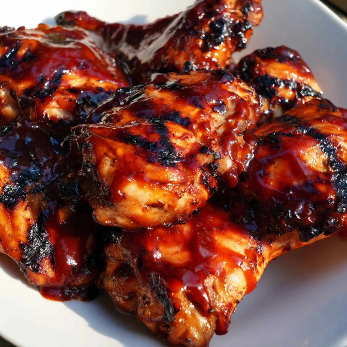Charred barbecue chicken glistening with sticky sauce on a smoky backyard grill