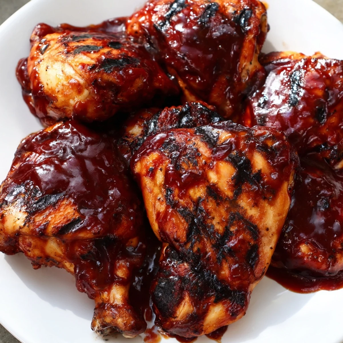 Juicy barbecue chicken pieces coated in caramelized tangy sauce resting on a platter