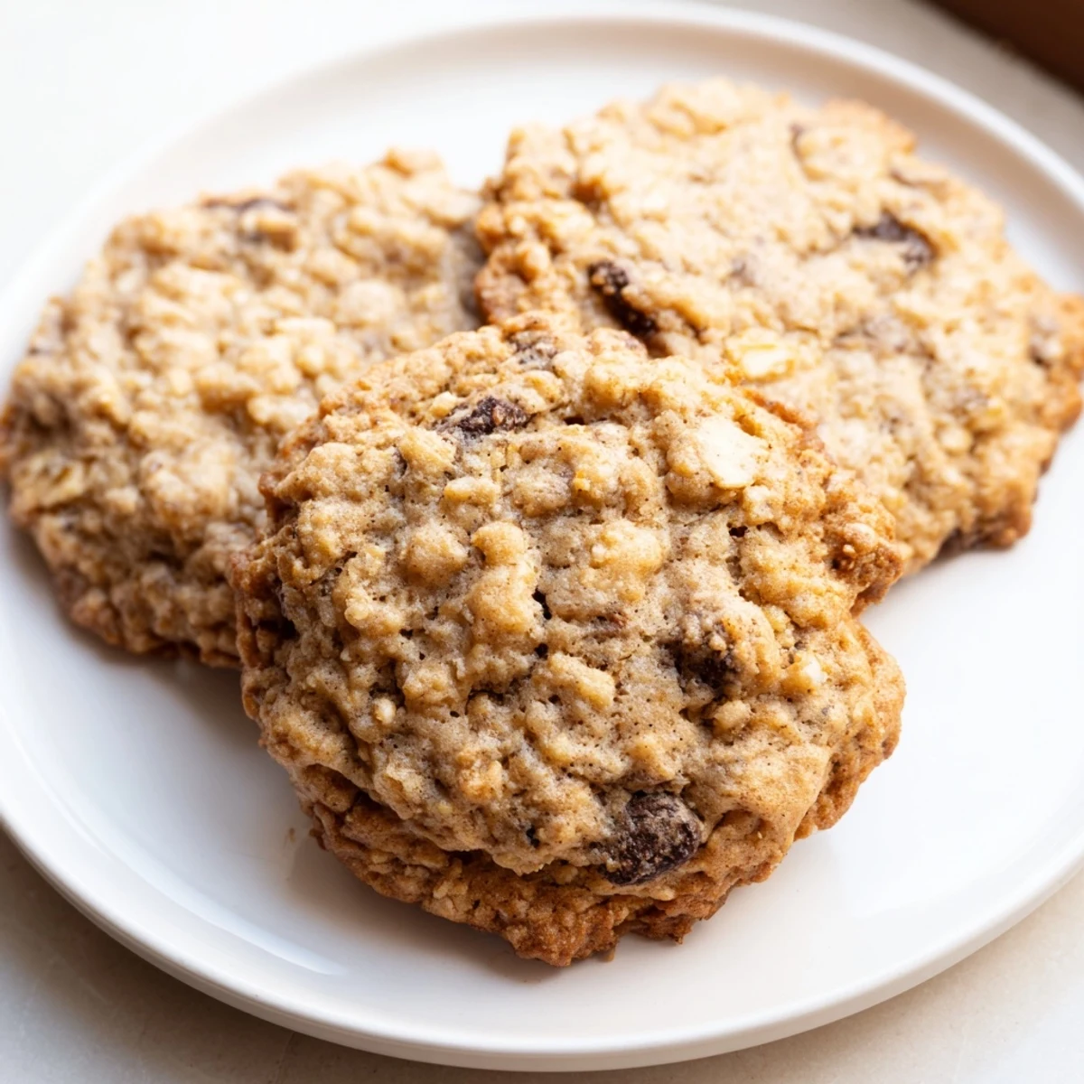Warm Chewy Banana Oatmeal Cookies stacked on a rustic plate with scattered oats