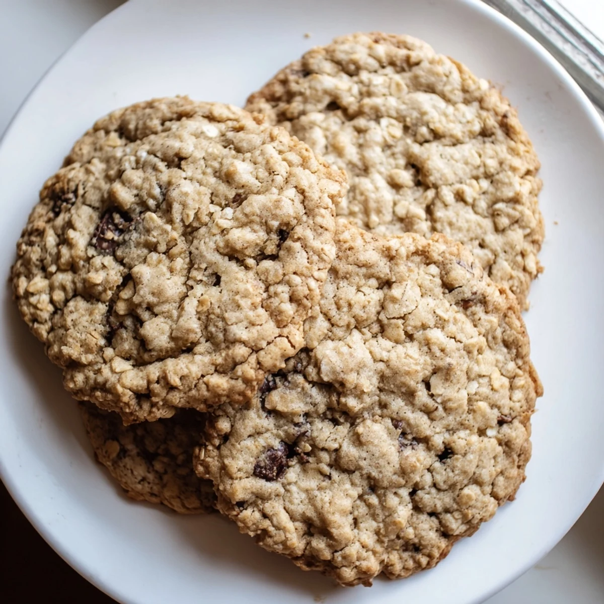 Soft Chewy Banana Oatmeal Cookies studded with chocolate chips beside a glass of milk