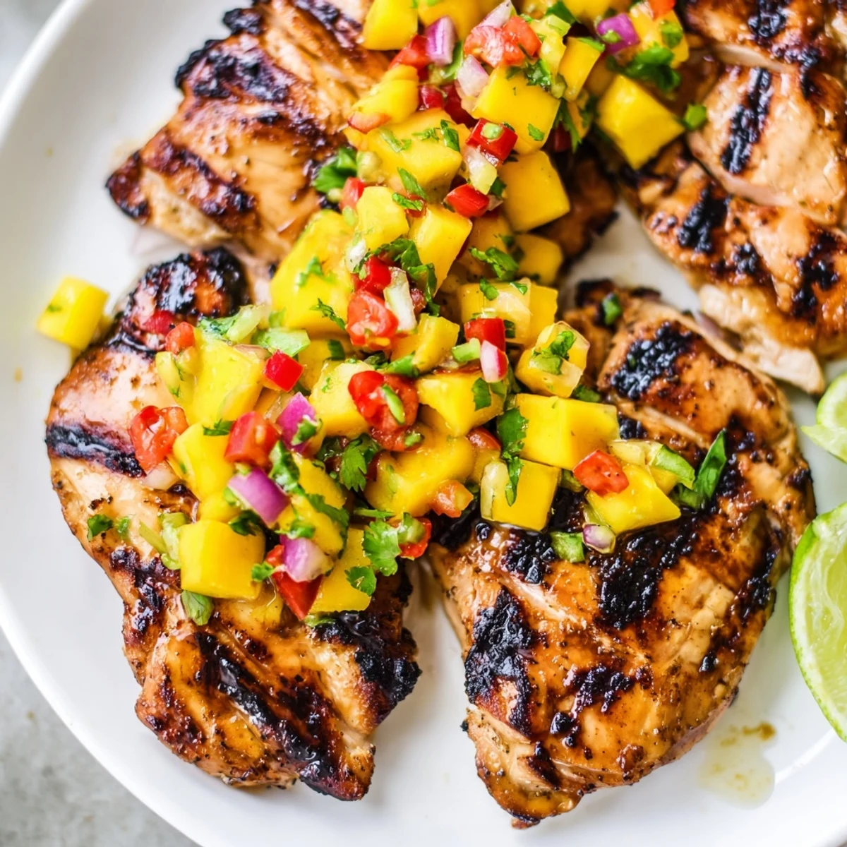 Golden honey lime chicken with colorful mango salsa on a rustic plate