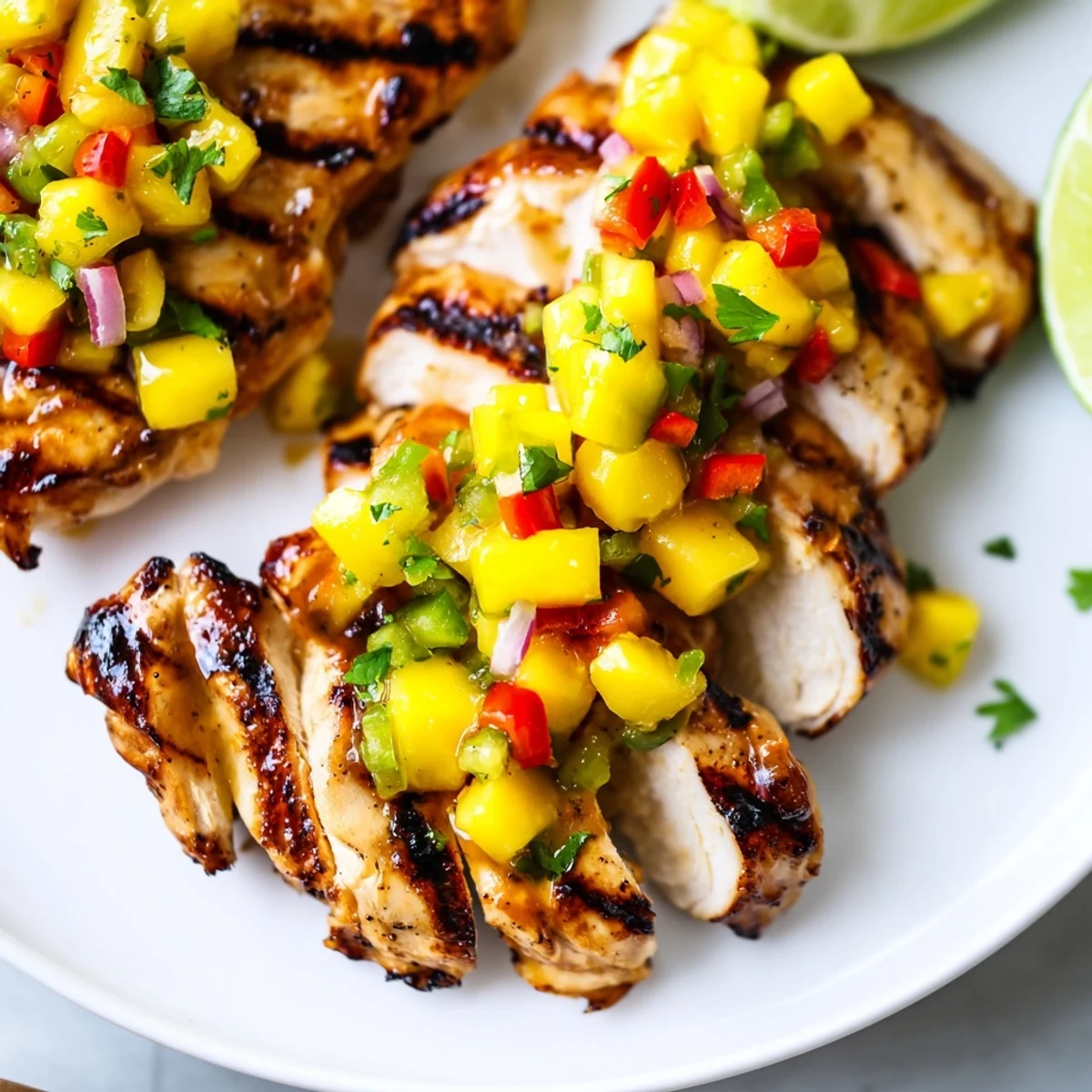 Juicy honey lime chicken breasts served fresh with bright mango salsa garnished with cilantro