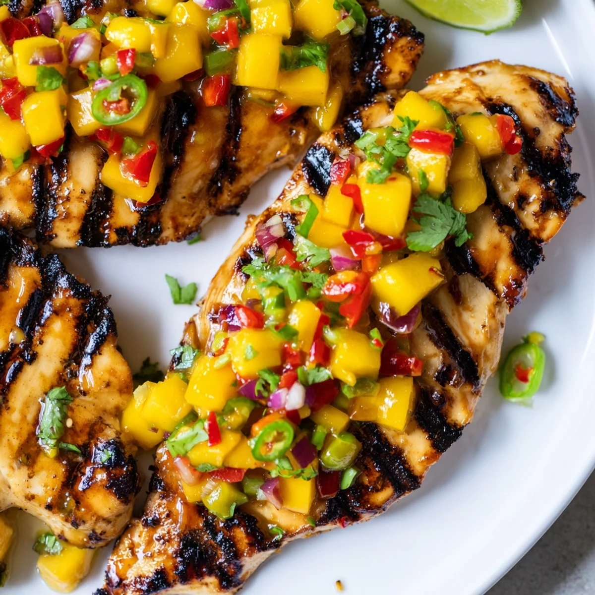 Grilled honey lime chicken sliced and topped with vibrant tropical mango salsa