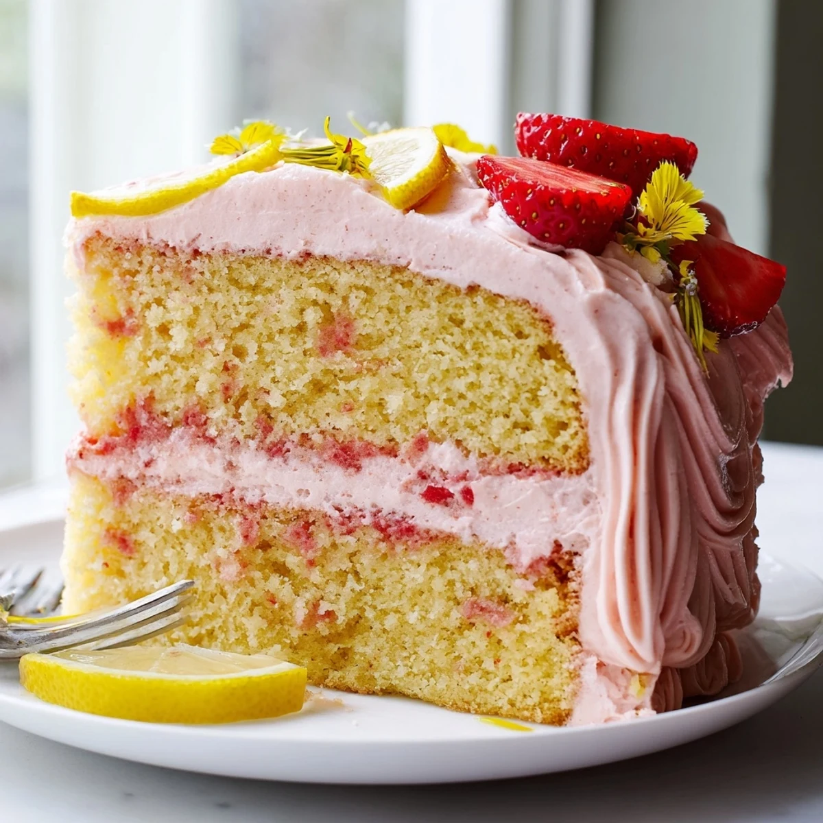 Moist strawberry lemonade cake sliced to reveal tender crumb and creamy frosting
