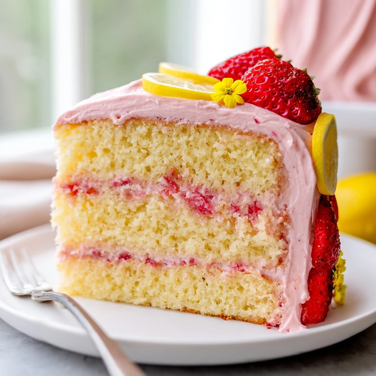 Strawberry lemonade cake layered with pink frosting and topped with fresh berries