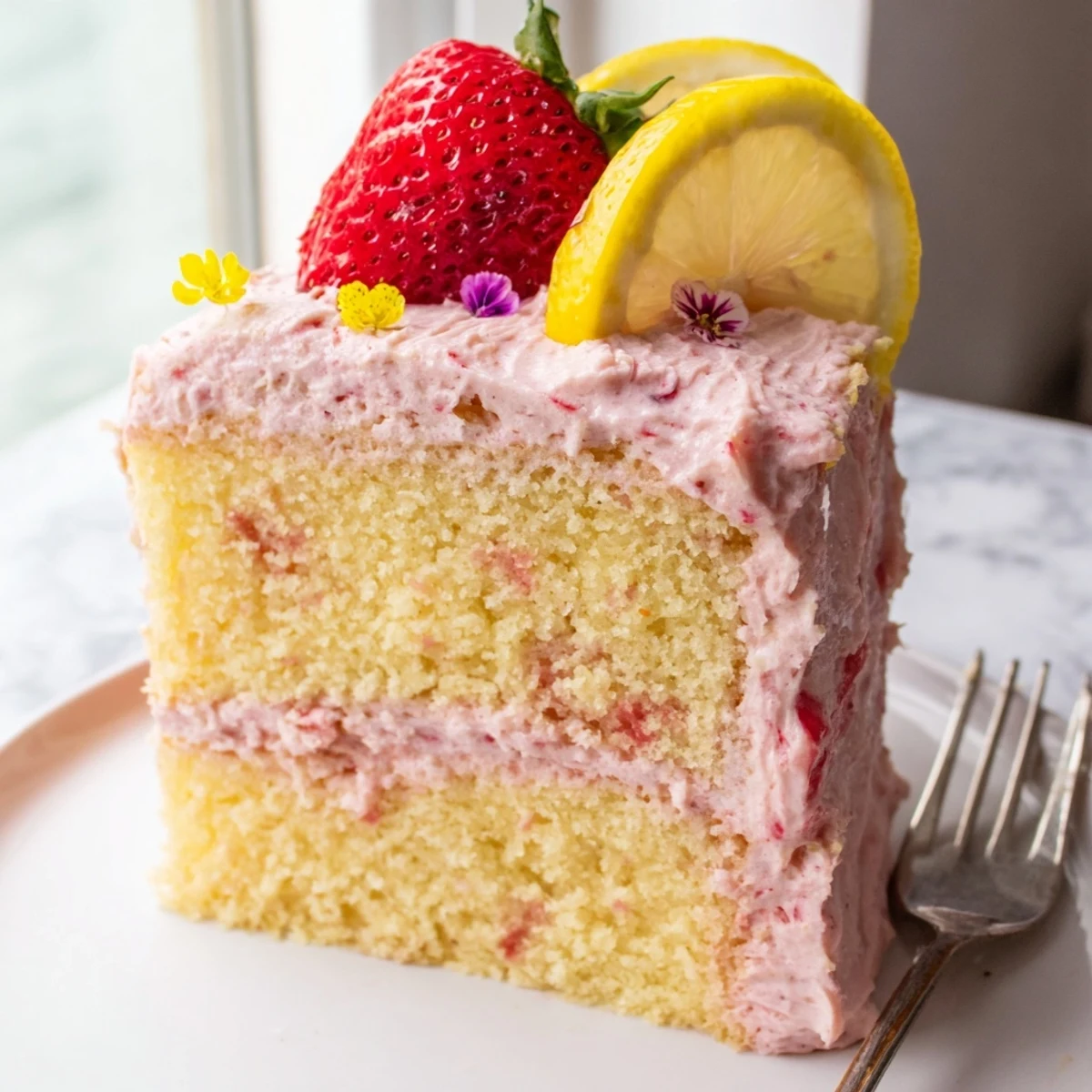 Bright strawberry lemonade cake garnished with lemon wheels and fresh strawberry halves
