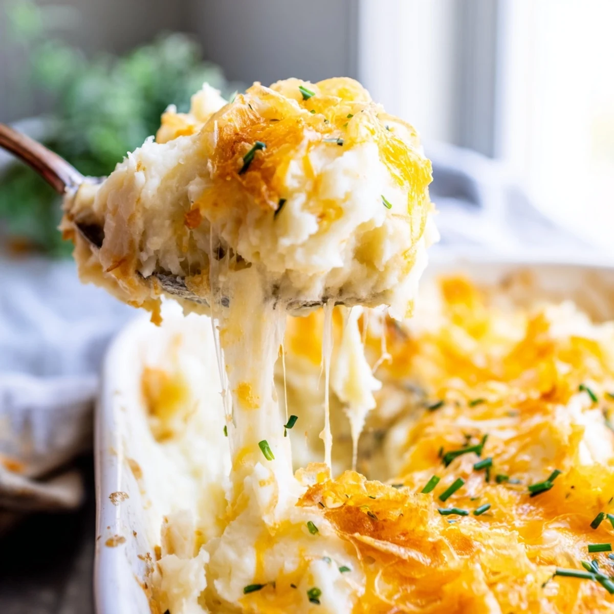 Golden bubbling Cheesy Onion Mashed Potato Casserole fresh from the oven with melted cheddar on top