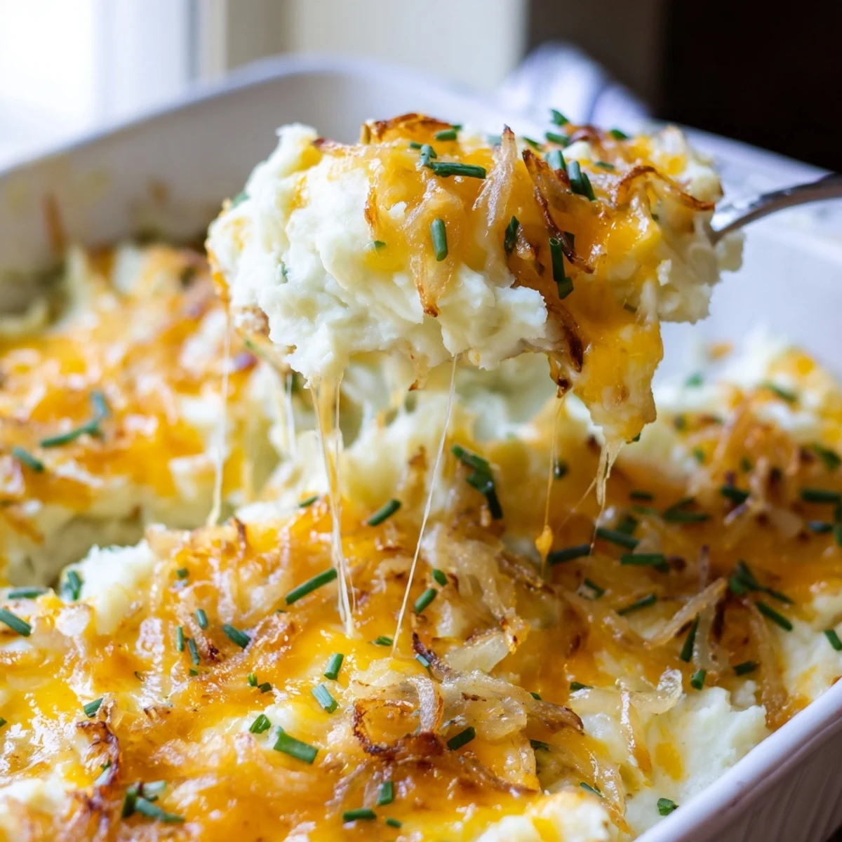 Creamy spoonful of Cheesy Onion Mashed Potato Casserole topped with caramelized onions and fresh chives