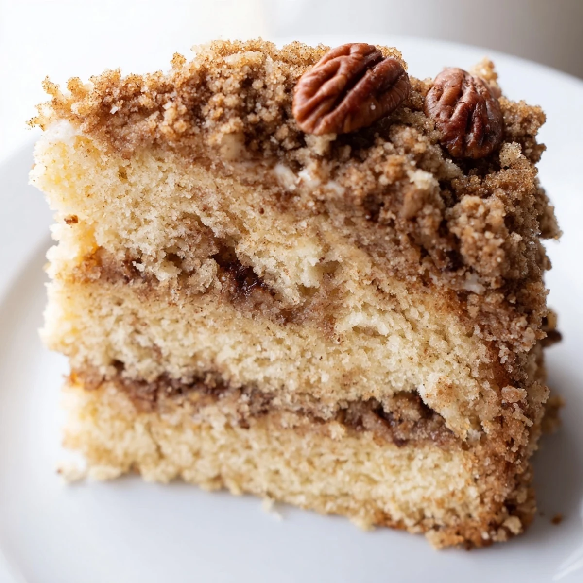 Warm cinnamon pecan crunch coffee cake sliced on a rustic wooden cutting board