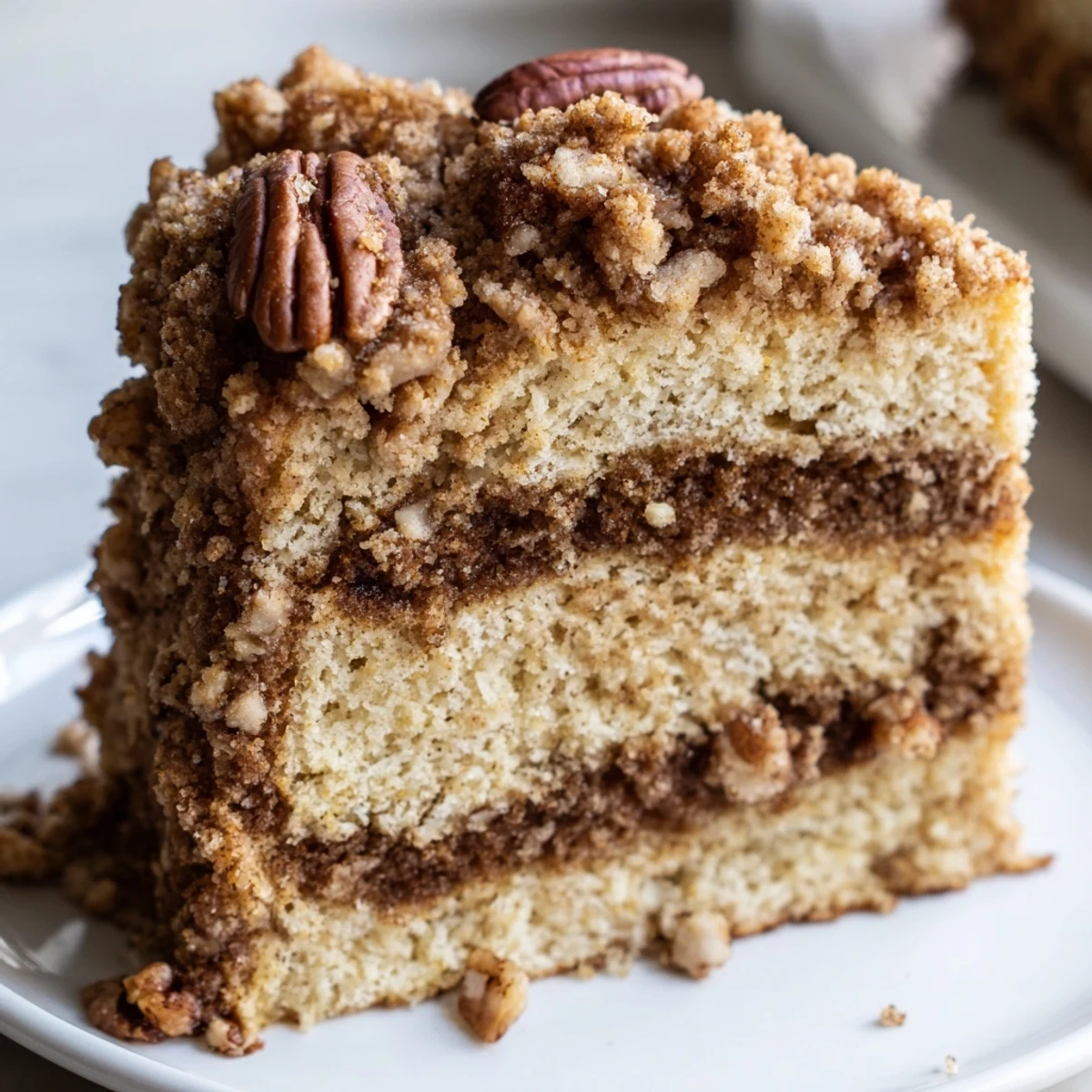 Golden crumb-topped cinnamon pecan crunch coffee cake fresh from the oven