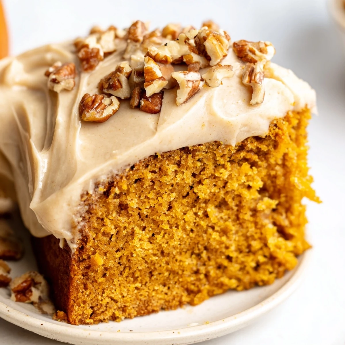 Sliced pumpkin pecan cake with swirls of cinnamon cream cheese icing on a rustic plate