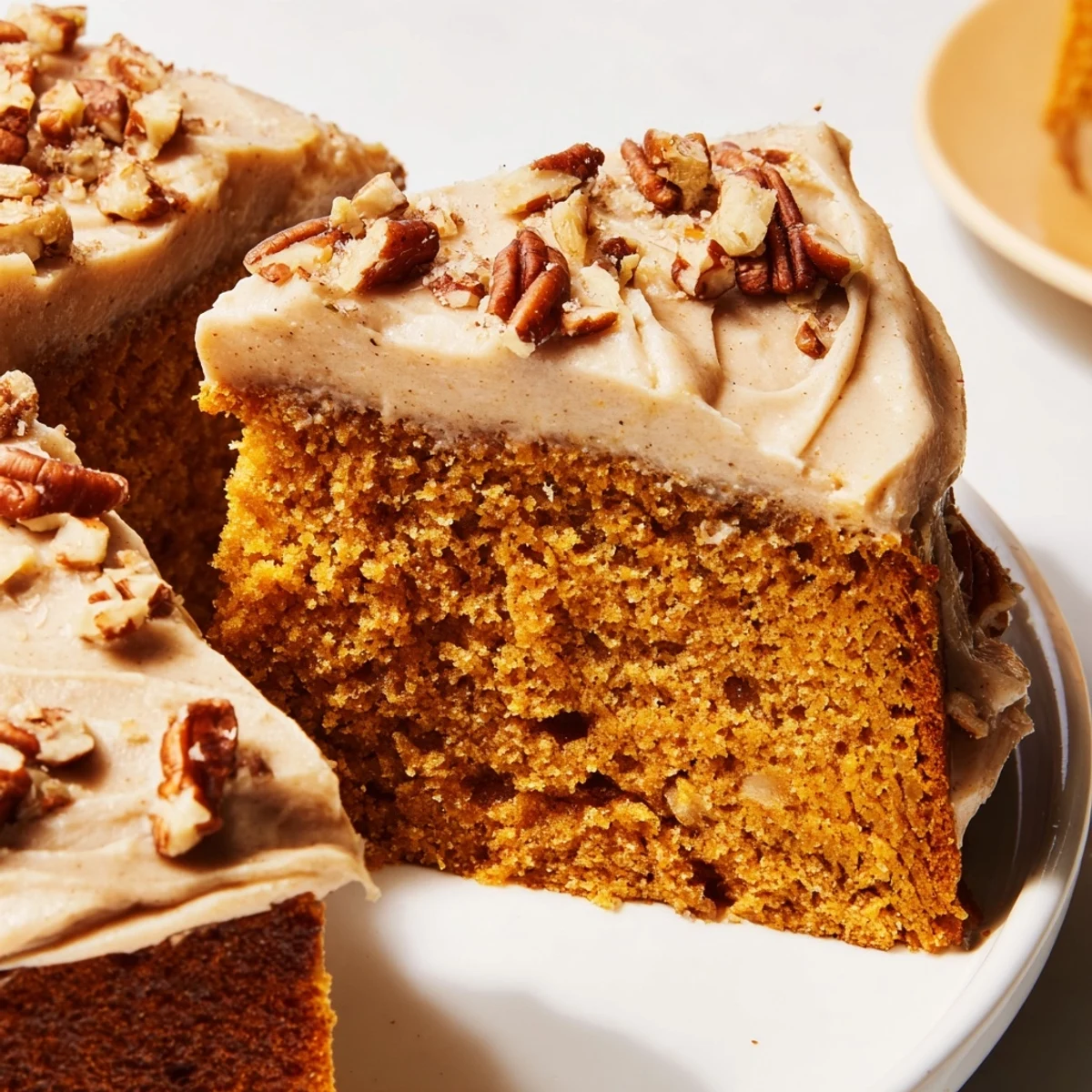 Golden pumpkin pecan cake topped with fluffy cinnamon icing and scattered toasted pecan pieces