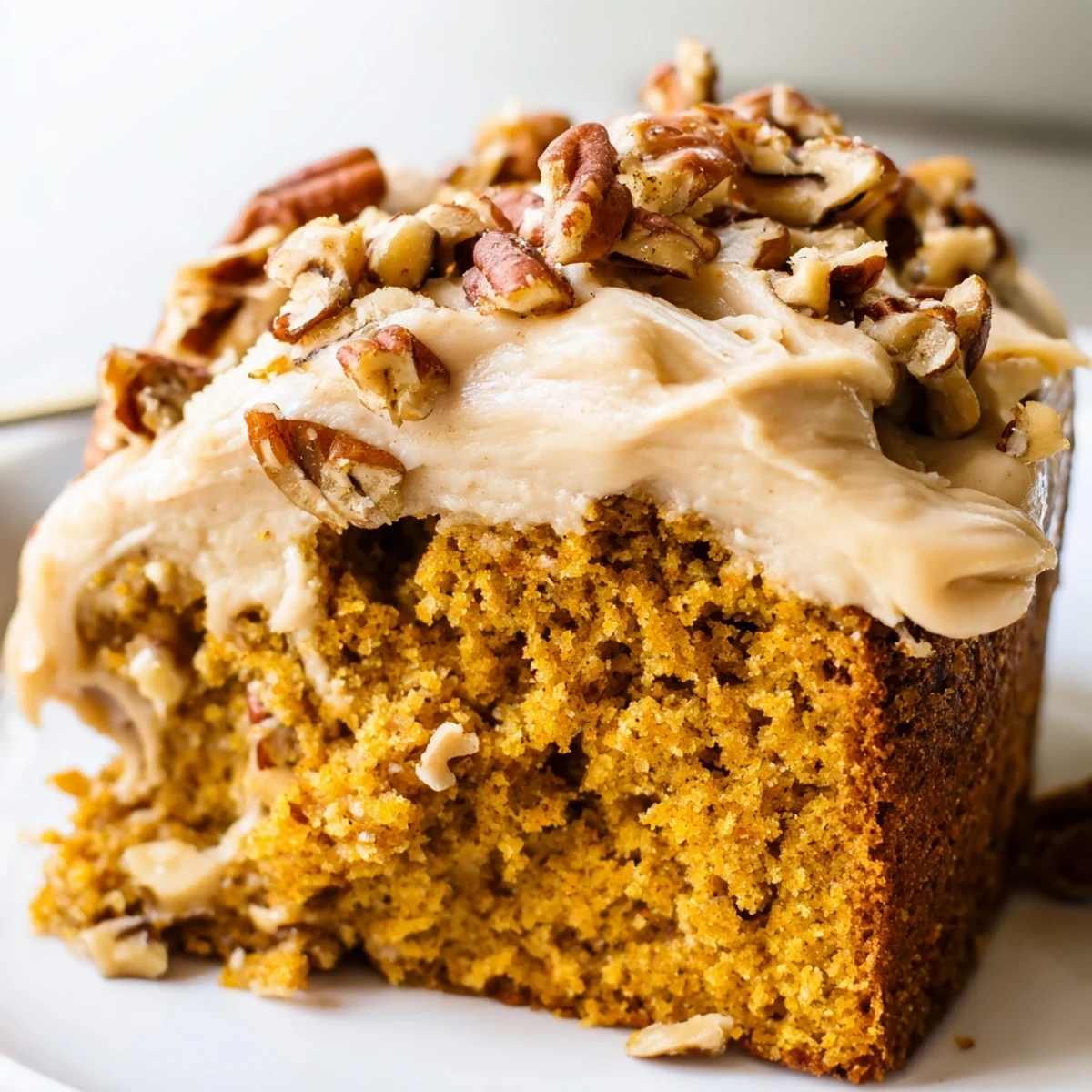Moist spiced pumpkin pecan cake layered with creamy cinnamon frosting served on a seasonal table