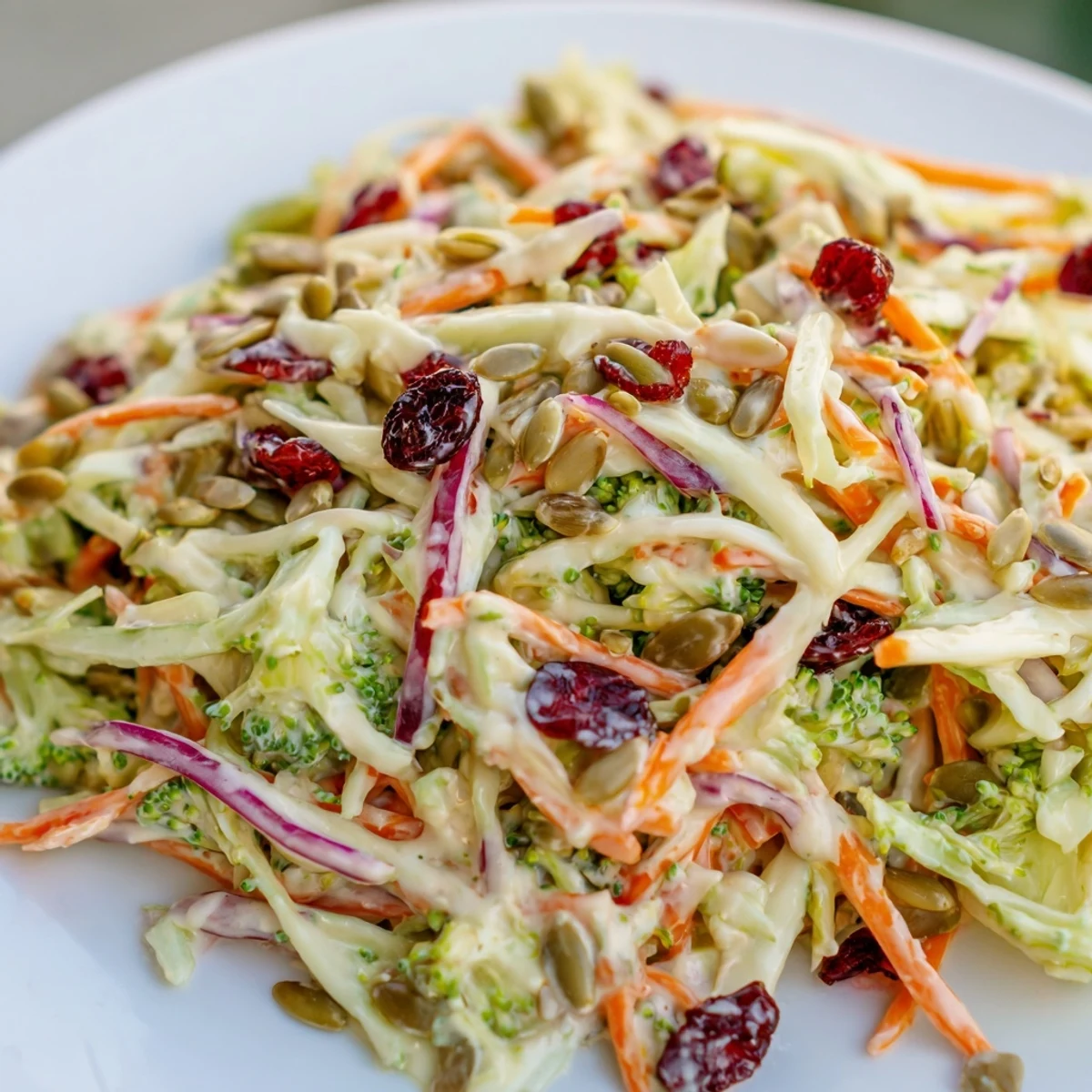 Creamy broccoli slaw with cranberries and sunflower seeds in a tangy dressing