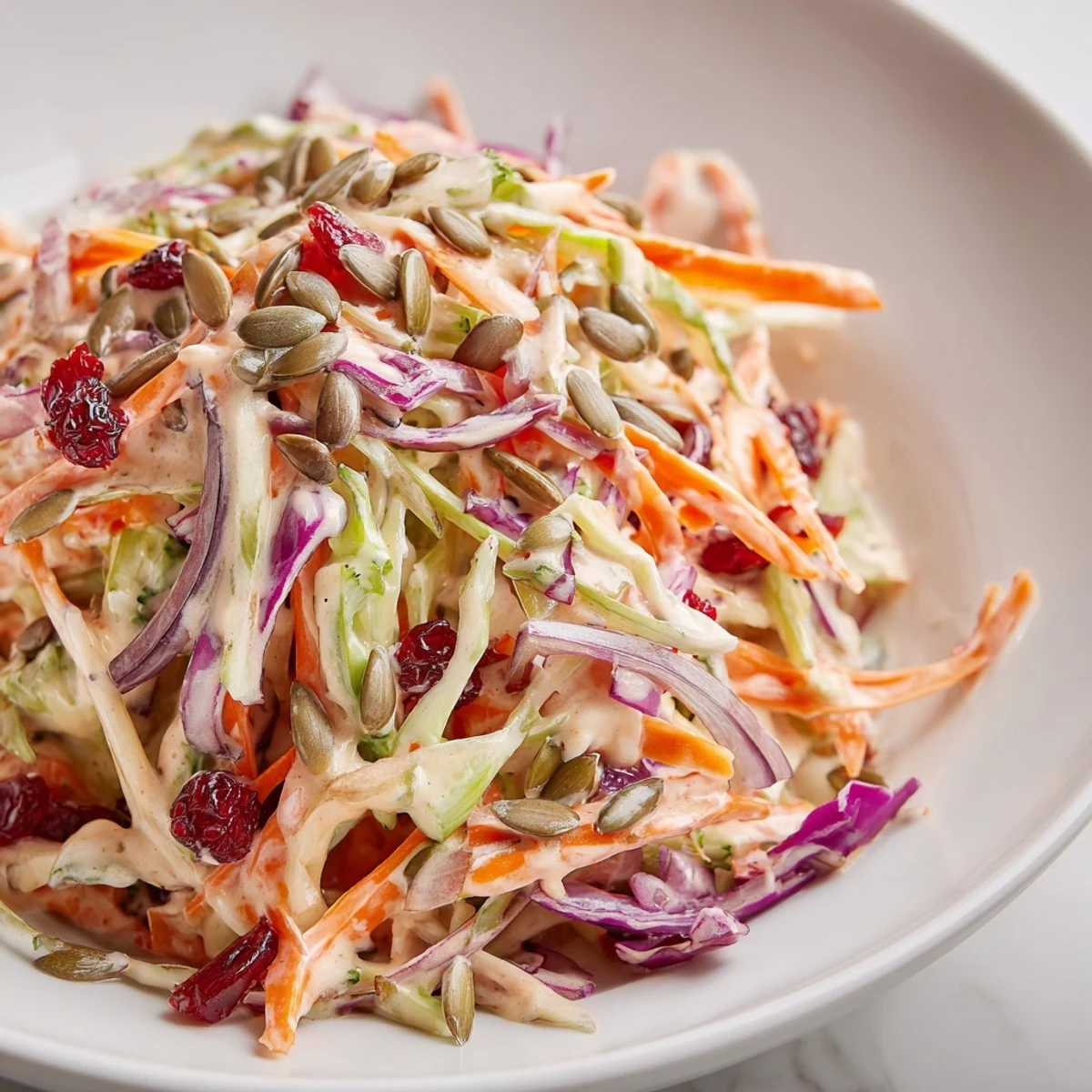 Bright shredded broccoli slaw tossed with carrots, cabbage, and creamy mustard dressing