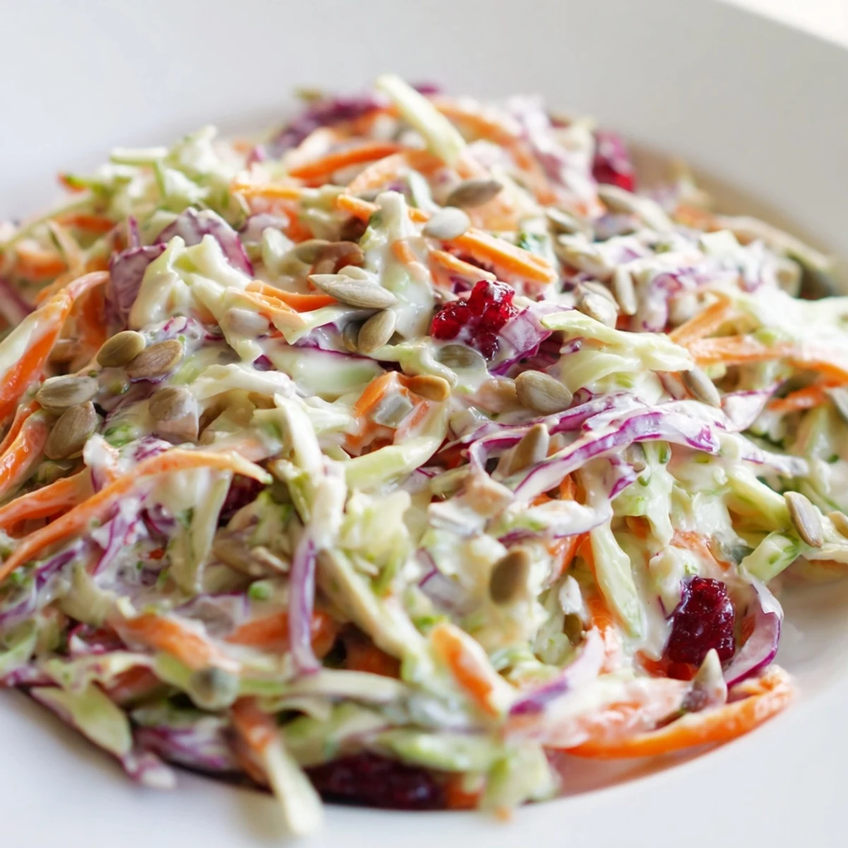 Vibrant broccoli slaw topped with crunchy almonds and dried cranberries, served chilled