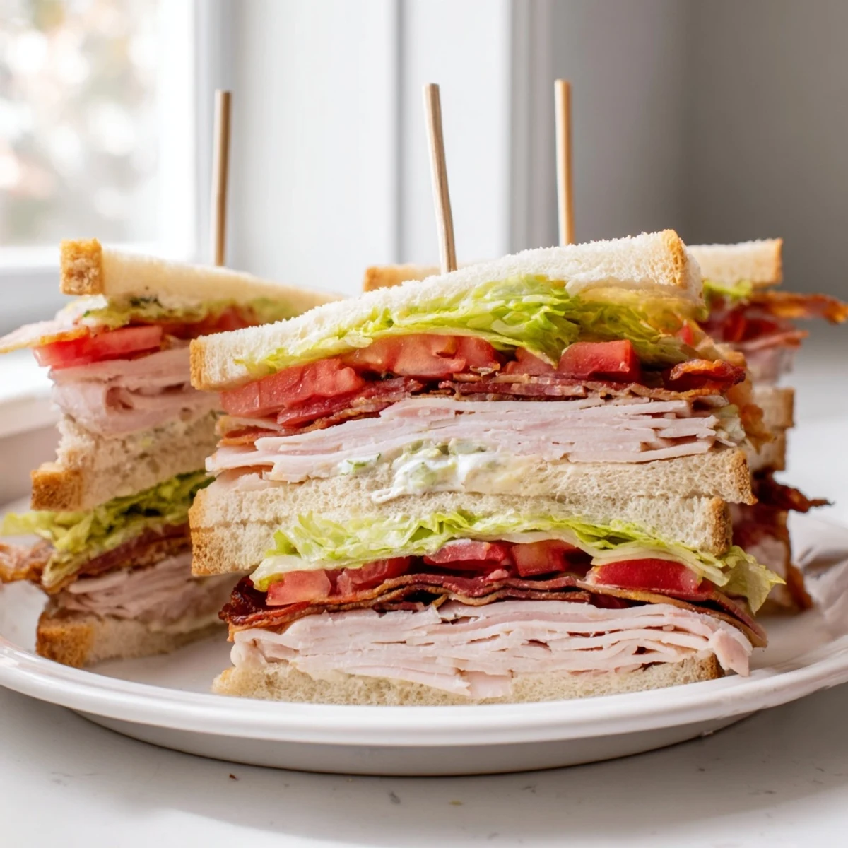 A towering club sandwich layered with turkey, bacon, lettuce, and ripe tomato slices