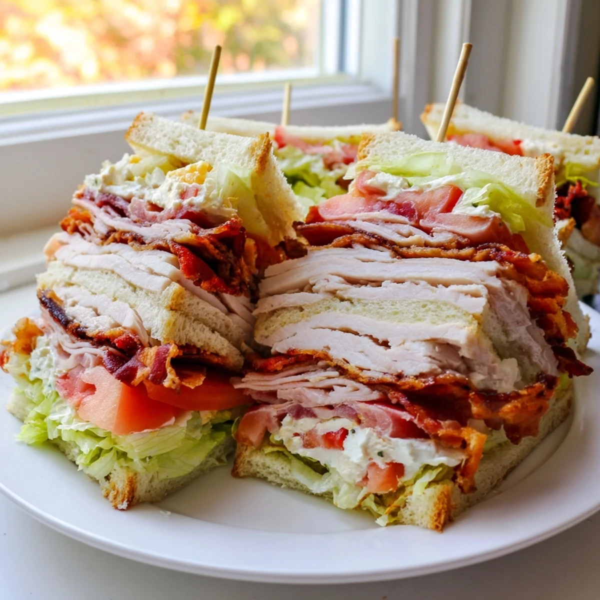 Club sandwich quartered into neat wedges showing stacked meats and crisp fresh vegetables