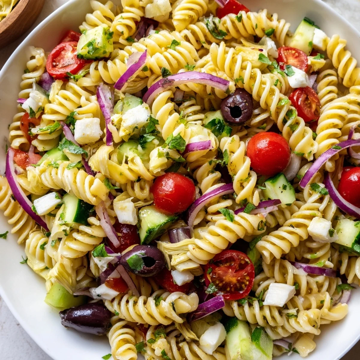 Colorful vegetarian Italian pasta salad tossed with crisp vegetables and tangy vinaigrette