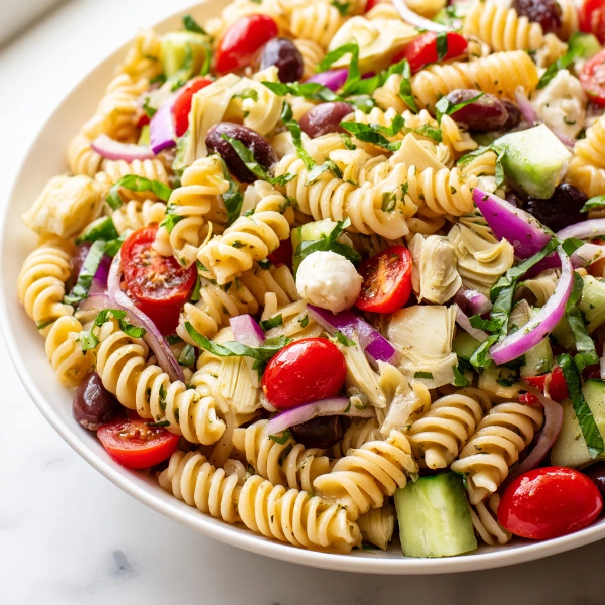 Vegetarian Italian pasta salad loaded with mozzarella olives and fresh seasonal vegetables