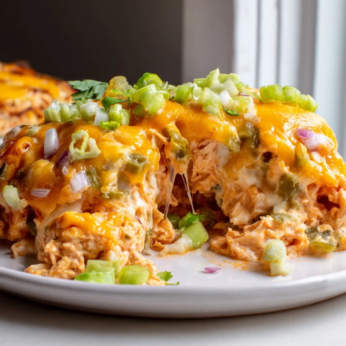 Golden bubbling jalapeno buffalo chicken casserole fresh from the oven with melted cheddar