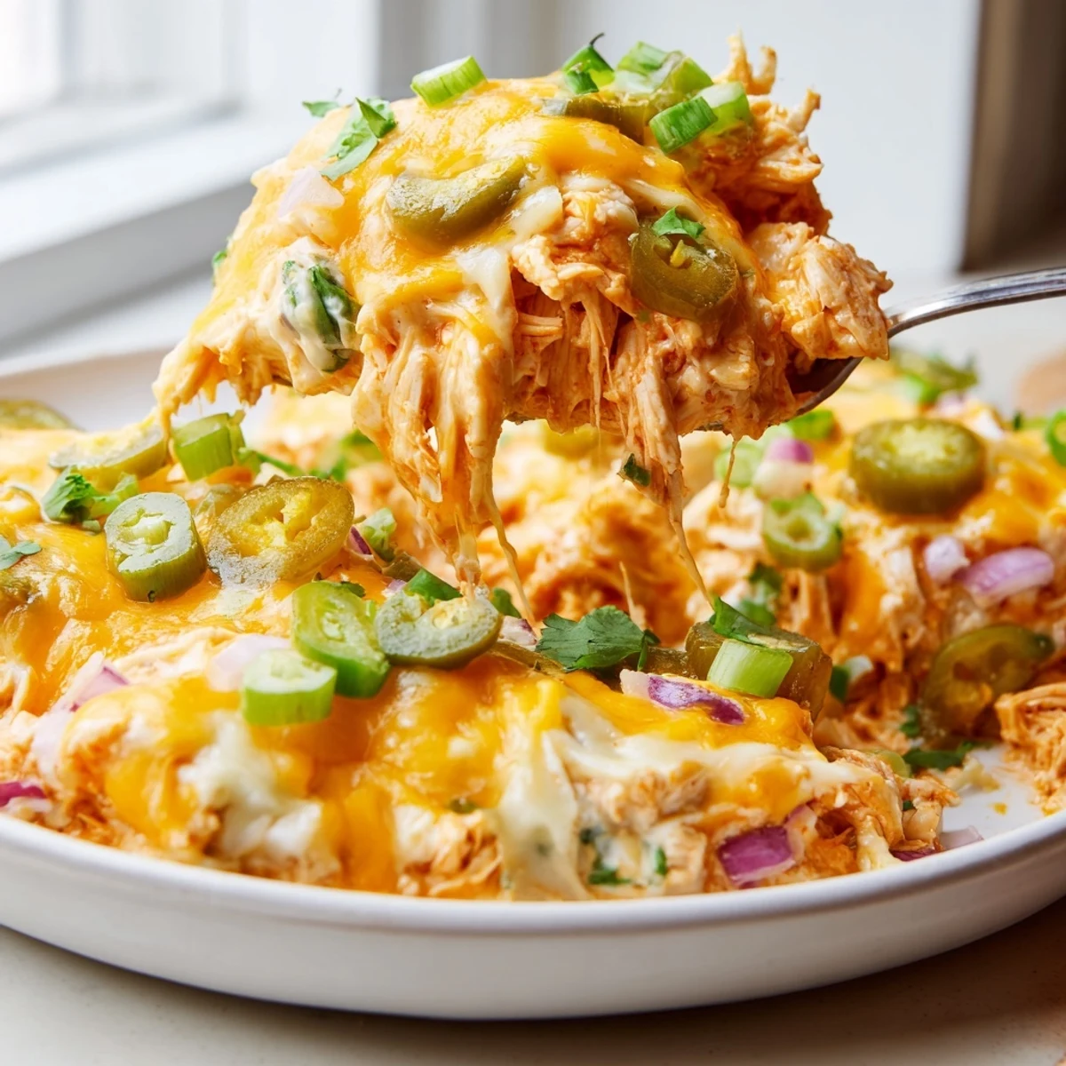 Creamy jalapeno buffalo chicken casserole topped with green onions and melted mozzarella