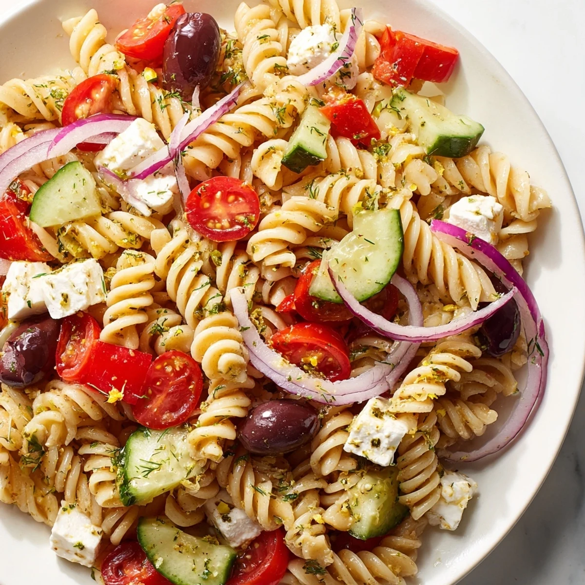 Colorful Greek Pasta Salad loaded with crunchy vegetables, tangy feta, and briny olives in a bright bowl