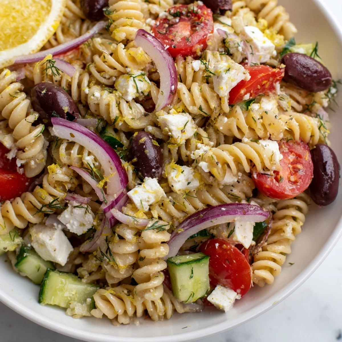 Creamy feta and fresh vegetables tossed in zesty dressing make this Greek Pasta Salad irresistible