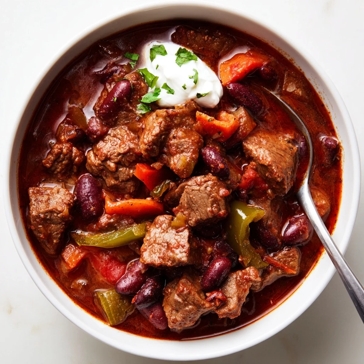 Steaming bowl of beefy chili stew topped with fresh cilantro and melted cheddar cheese