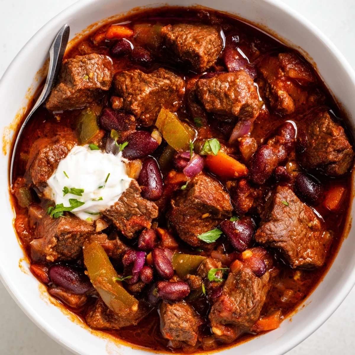 Thick beefy chili stew loaded with tender meat, beans, and colorful vegetables in rustic pot