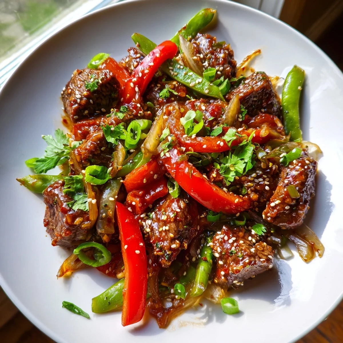 Tender Asian inspired cube steak glazed in soy ginger sauce with crisp stir-fried vegetables