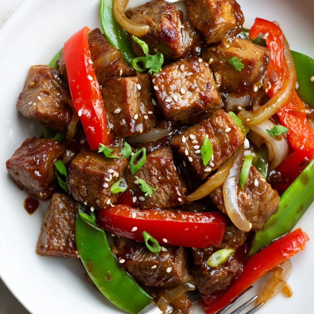 Pan-seared Asian inspired cube steak sizzling alongside vibrant bell peppers and sugar snap peas