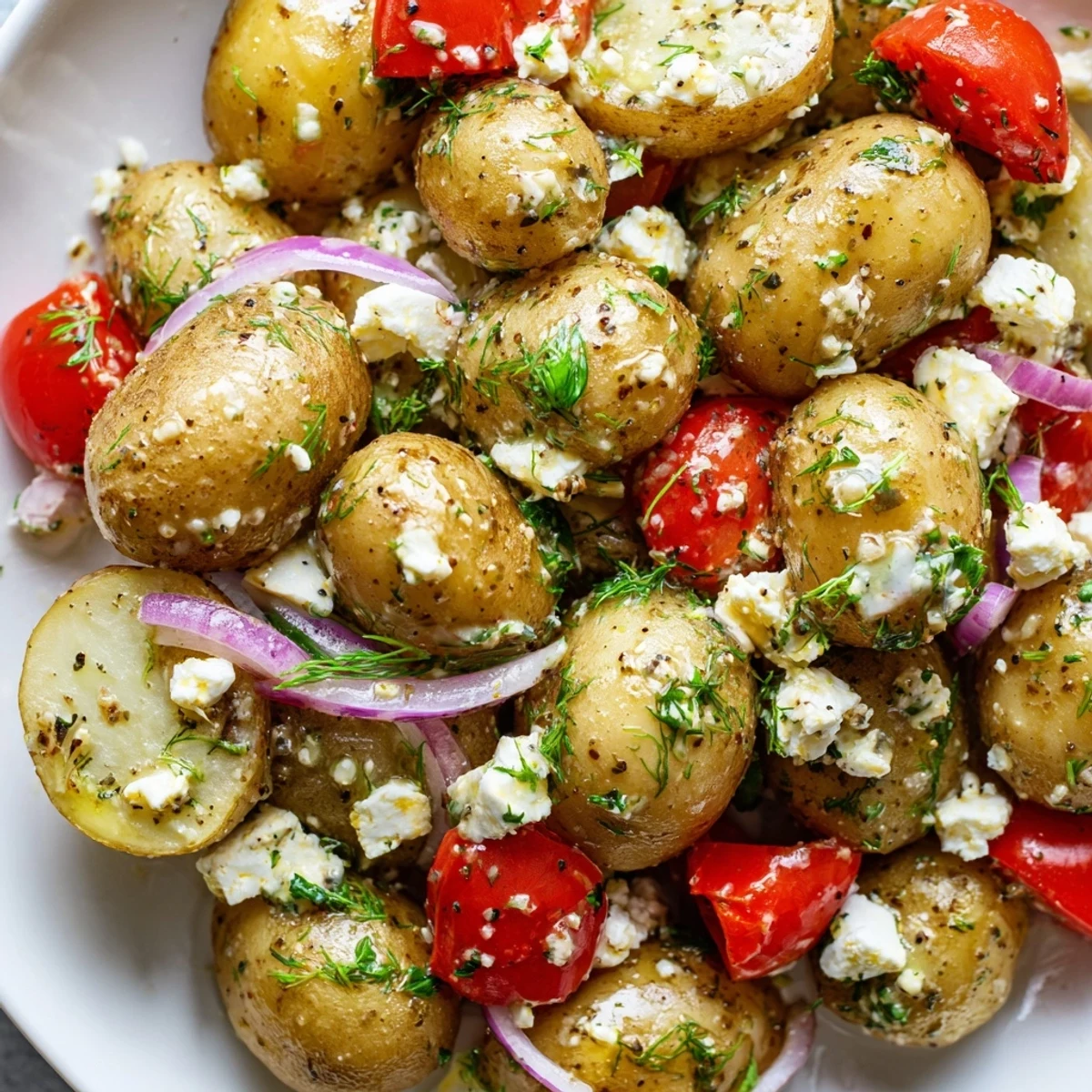 Creamy potato and feta salad glistening with lemon herb dressing in a rustic bowl