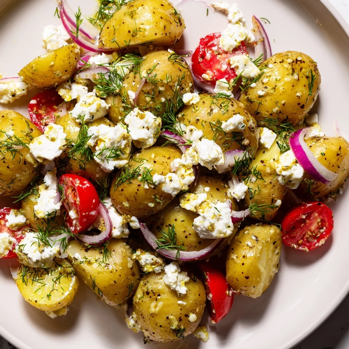 Golden tender potatoes crumbled feta and fresh herbs in a bright Mediterranean salad