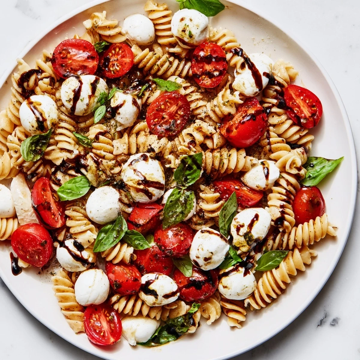 Caprese Pasta Salad served in a rustic bowl with cherry tomatoes and torn basil
