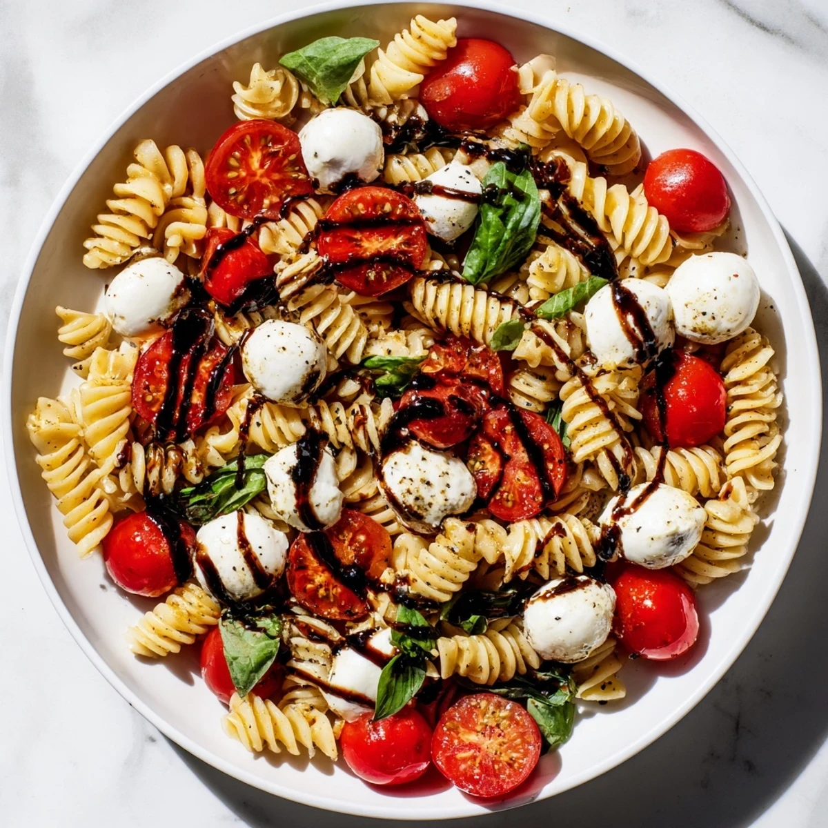 A vibrant Caprese Pasta Salad drizzled with balsamic glaze on a sunny patio table
