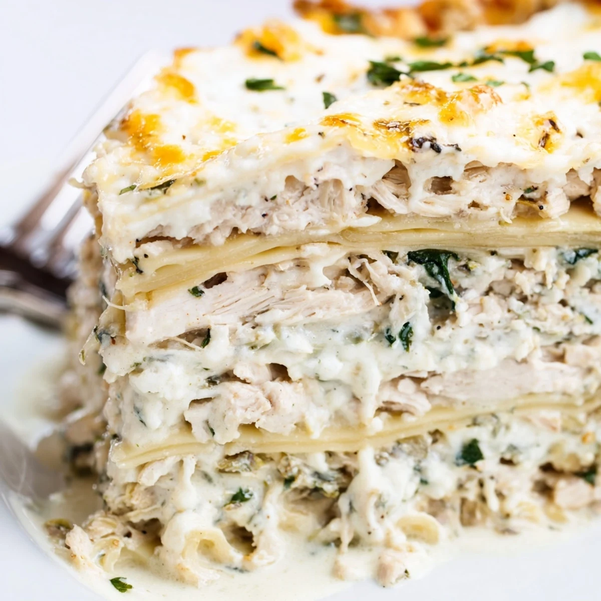 Creamy White Chicken Lasagna bubbling in a 9x13 baking dish fresh from oven