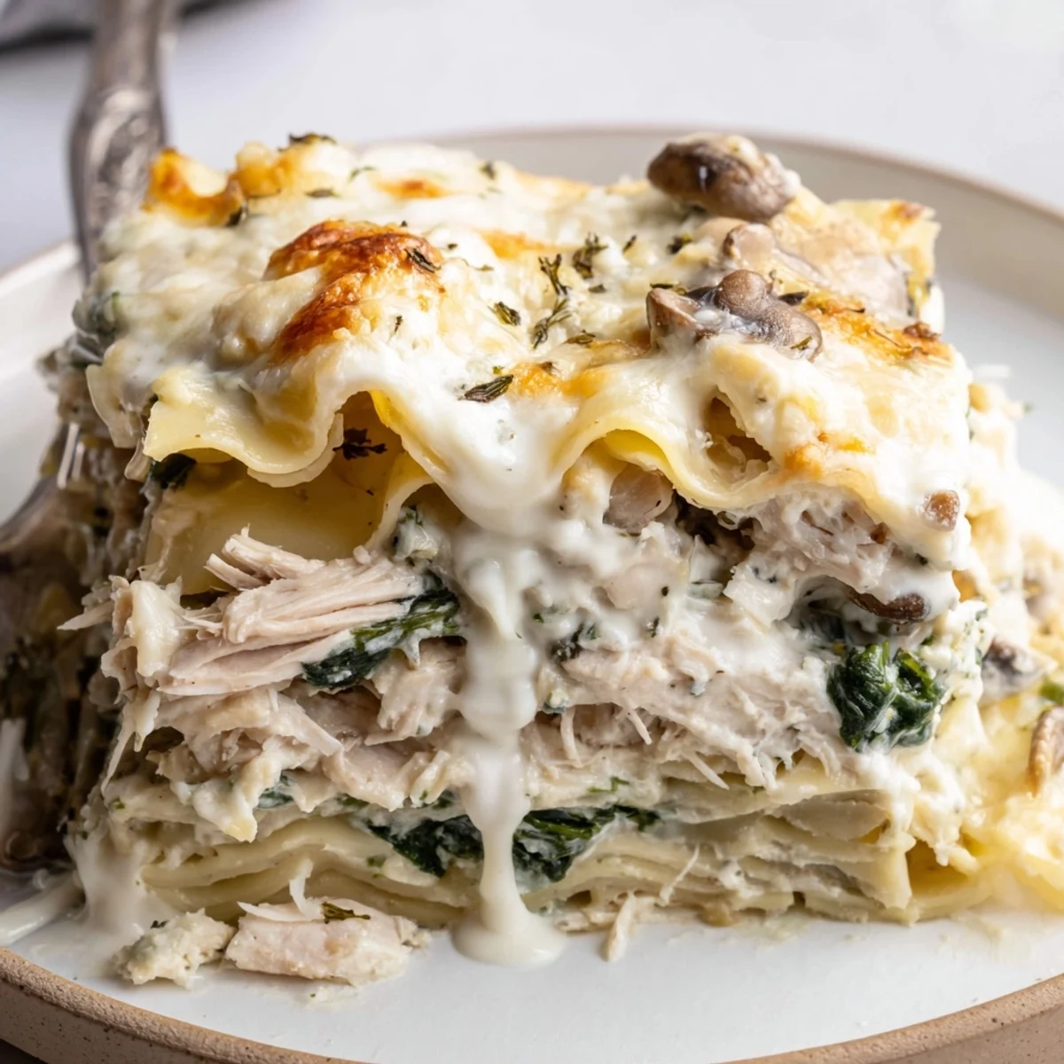 White Chicken Lasagna with golden bubbling cheese and tender shredded chicken layers