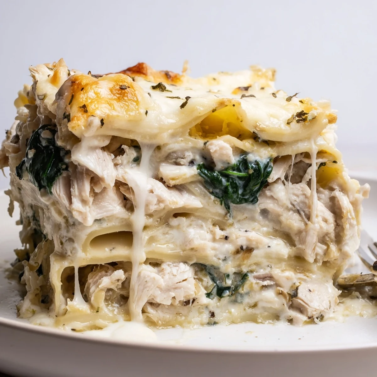 White Chicken Lasagna slice showing rich ricotta spinach and melted mozzarella layers