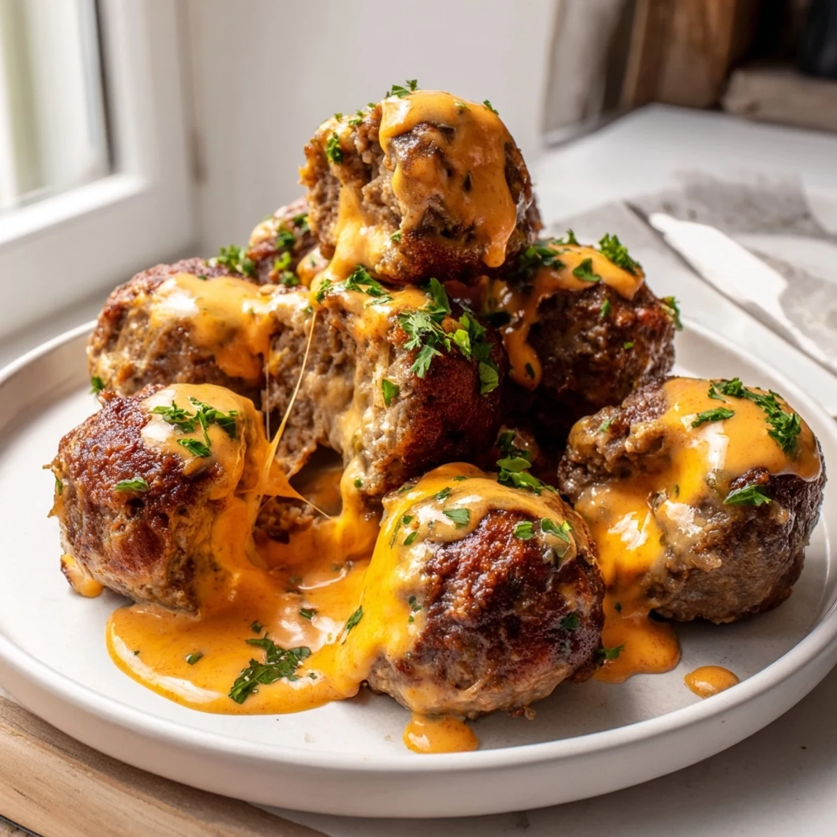 Golden cheese stuffed meatballs drizzled with creamy spicy cheese sauce on a rustic plate.