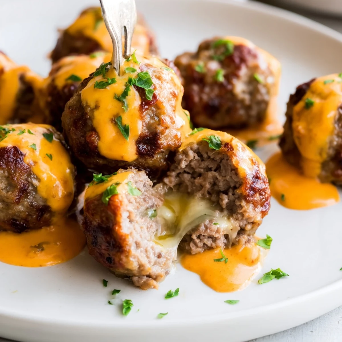 Juicy cheese stuffed meatballs with spicy cheese sauce bubbling over a bed of pasta.