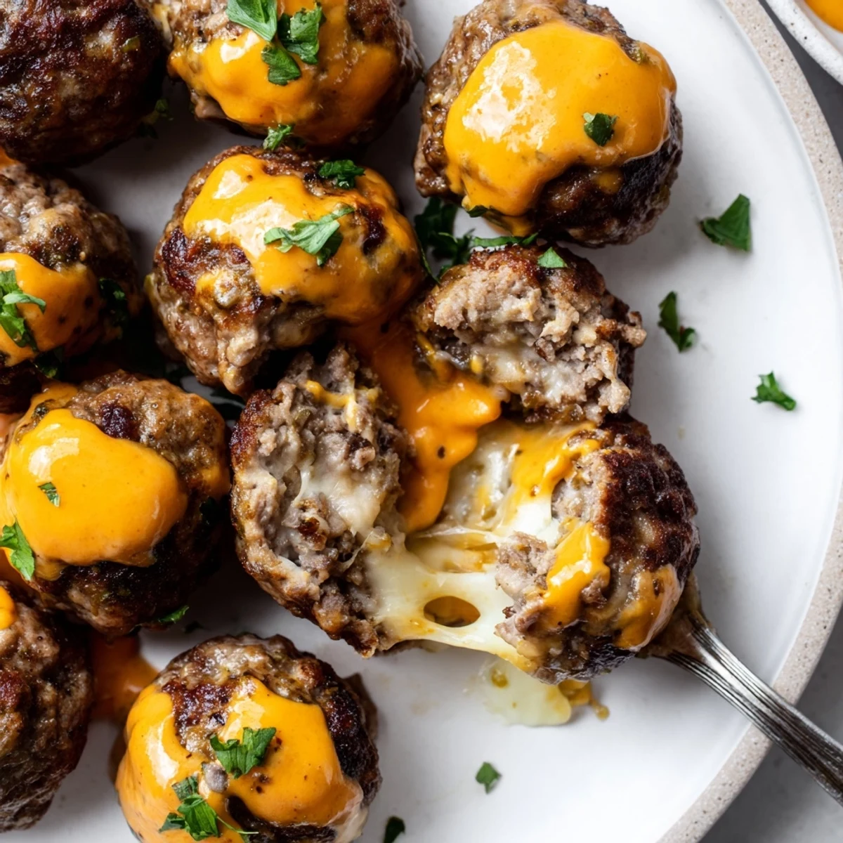 Baked cheese stuffed meatballs nestled in a skillet drenched in spicy cheese sauce.