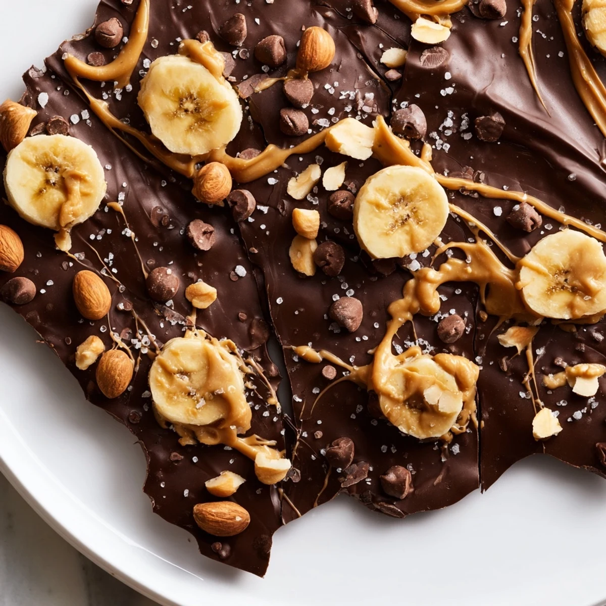 Rich chocolate banana bark studded with roasted peanuts and peanut butter drizzle