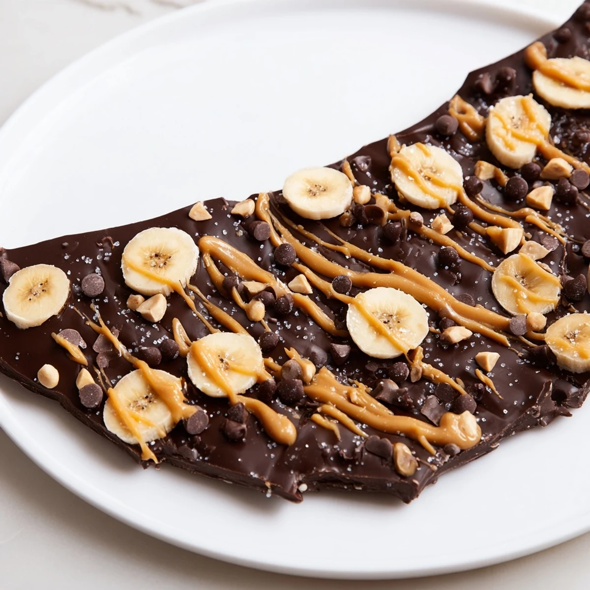Glossy chocolate banana bark topped with crushed nuts and flaky sea salt