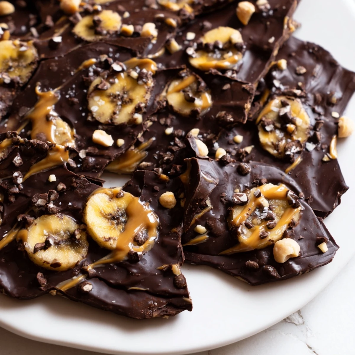 Dark chocolate banana bark with crunchy nuts and mini chocolate chip topping